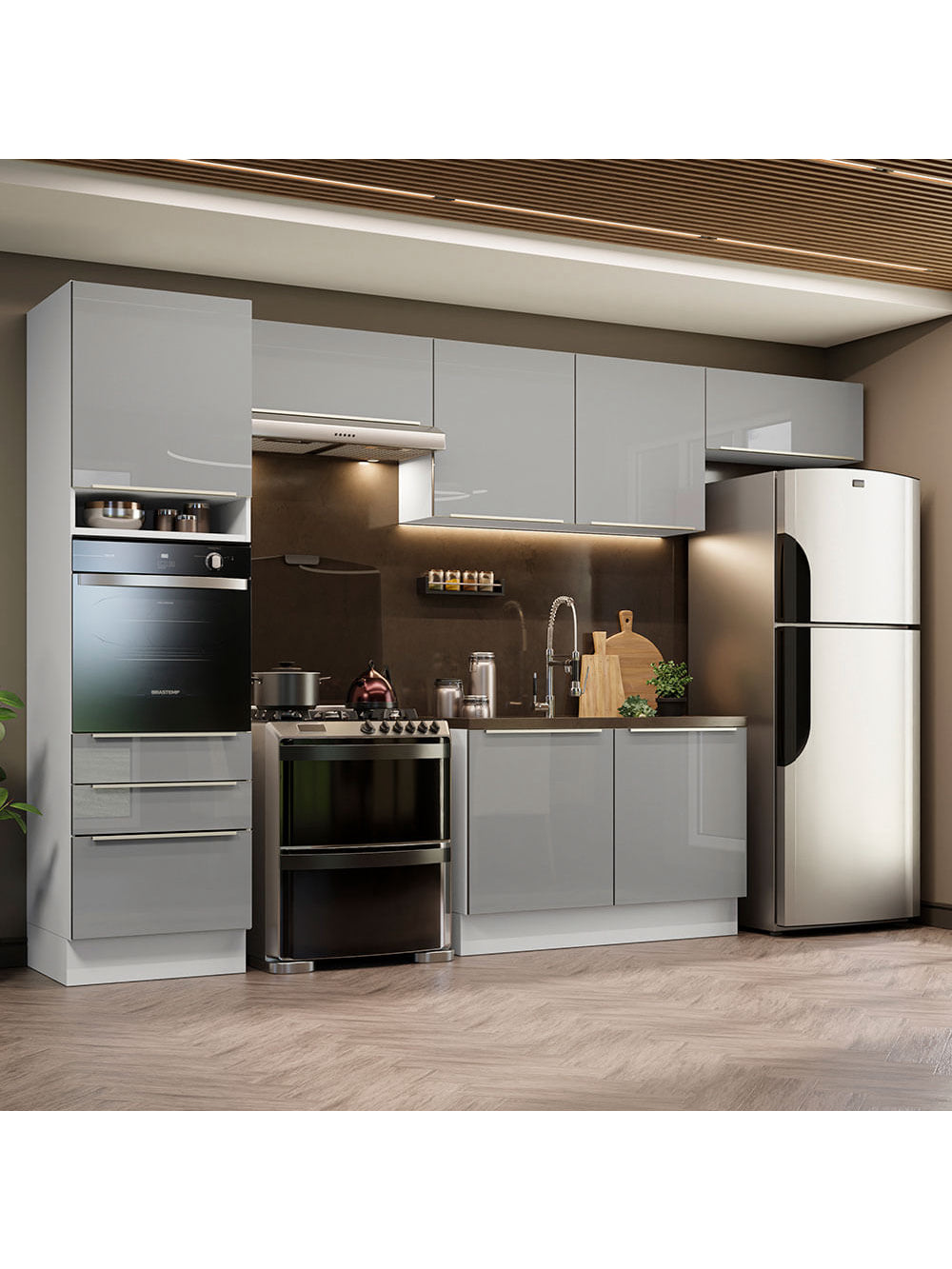 Armário de Cozinha Completa 340cm Branco/Cinza Lux Madesa 01 - Branco/Cinza