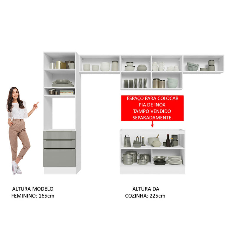 Armário de Cozinha Completa 340cm Branco/Cinza Lux Madesa 01