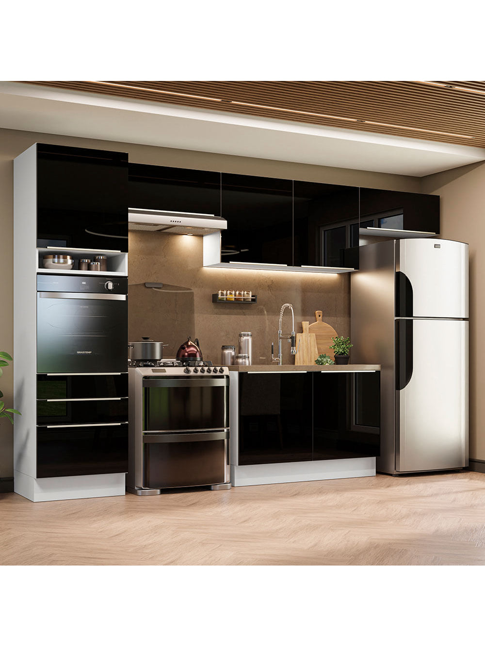 Armário de Cozinha Completa 340cm Branco/Preto Lux Madesa 01 - Branco/Preto