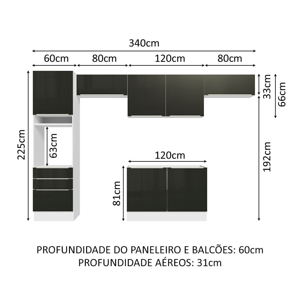 Armário de Cozinha Completa 340cm Branco/Preto Lux Madesa 01