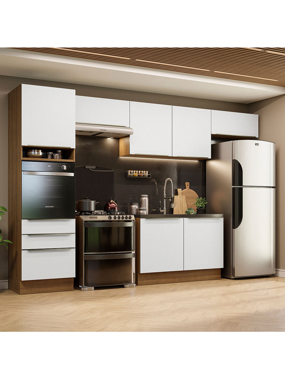 Armário de Cozinha Completa 340cm Rustic Branco Veludo Lux Madesa 01 - Rustic/Branco Veludo