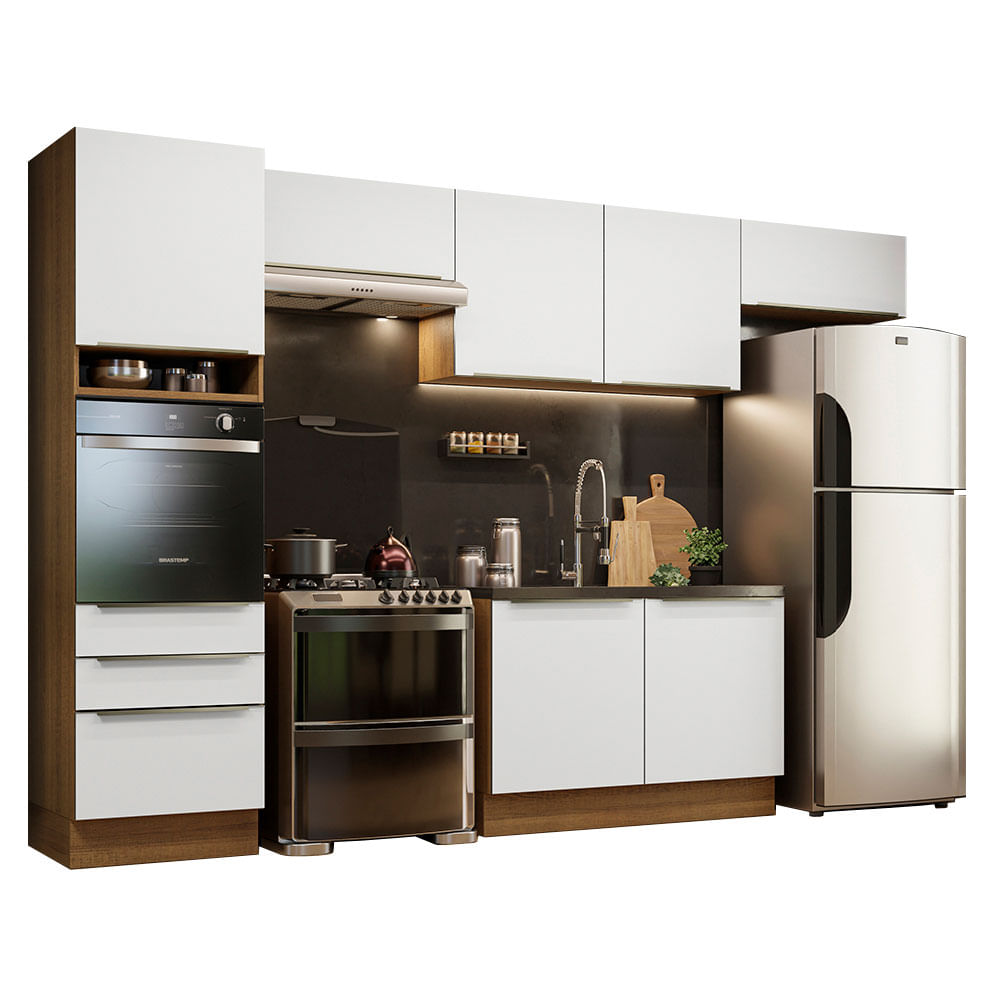 Armário de Cozinha Completa 340cm Rustic Branco Veludo Lux Madesa 01 - Rustic/Branco Veludo
