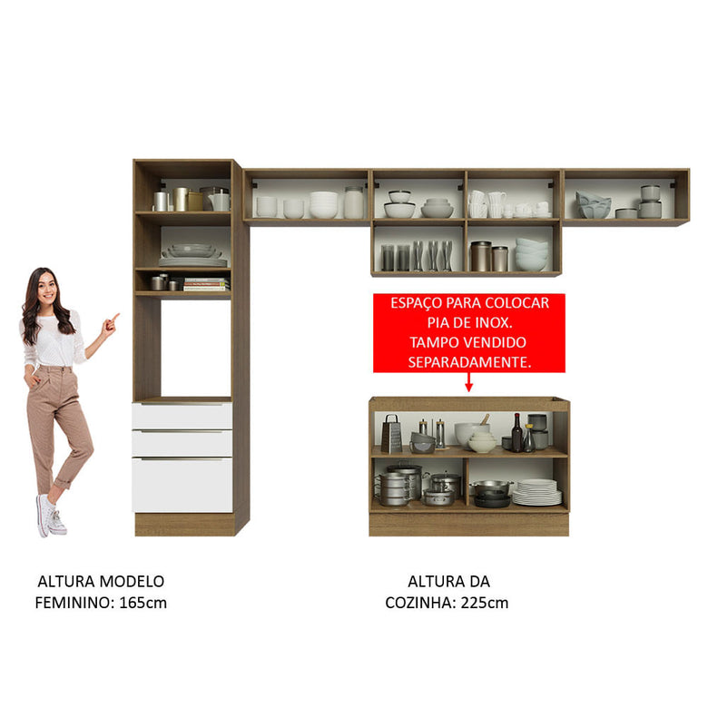 Armário de Cozinha Completa 340cm Rustic Branco Veludo Lux Madesa 01