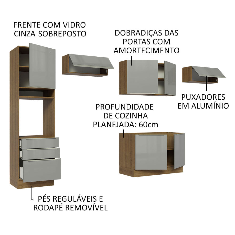 Armário de Cozinha Completa 340cm Rustic/Cinza Lux Madesa 01