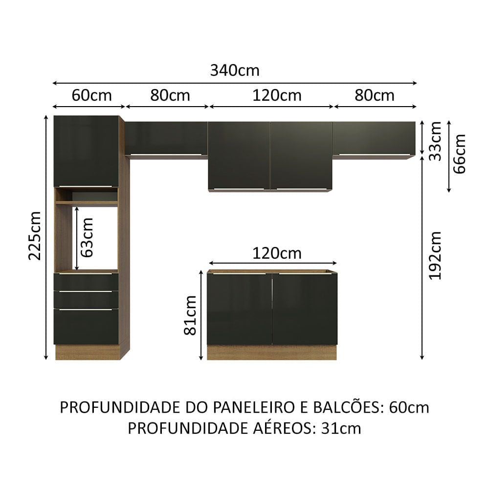 Armário de Cozinha Completa 340cm Rustic/Preto Lux Madesa 01