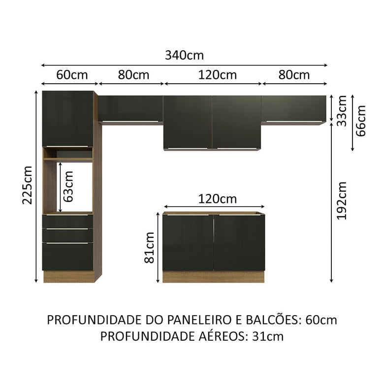 Armário de Cozinha Completa 340cm Rustic/Preto Lux Madesa 01