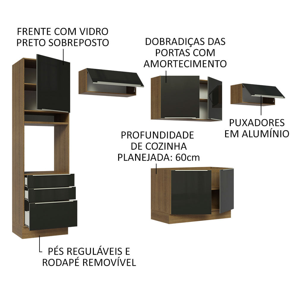 Armário de Cozinha Completa 340cm Rustic/Preto Lux Madesa 01