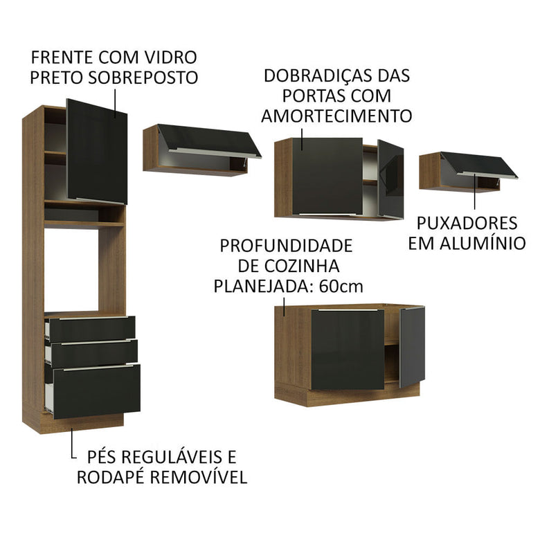 Armário de Cozinha Completa 340cm Rustic/Preto Lux Madesa 01