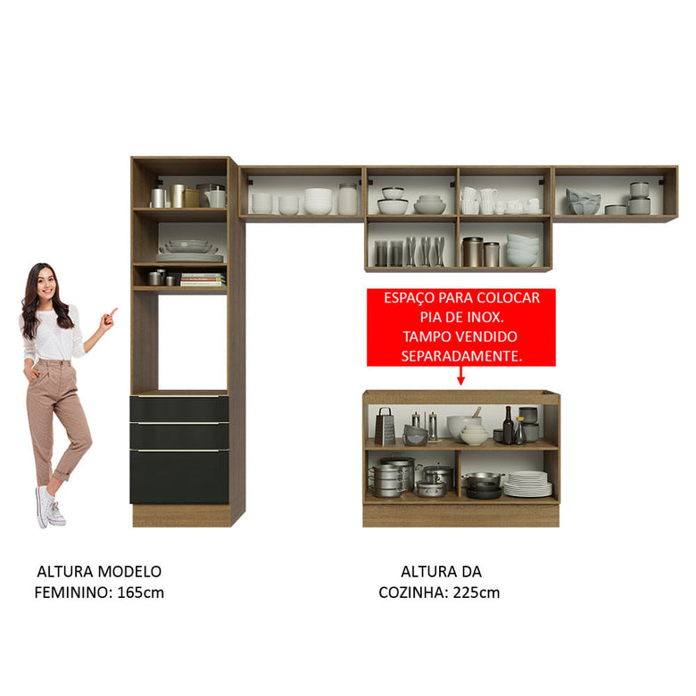 Armário de Cozinha Completa 340cm Rustic/Preto Lux Madesa 01