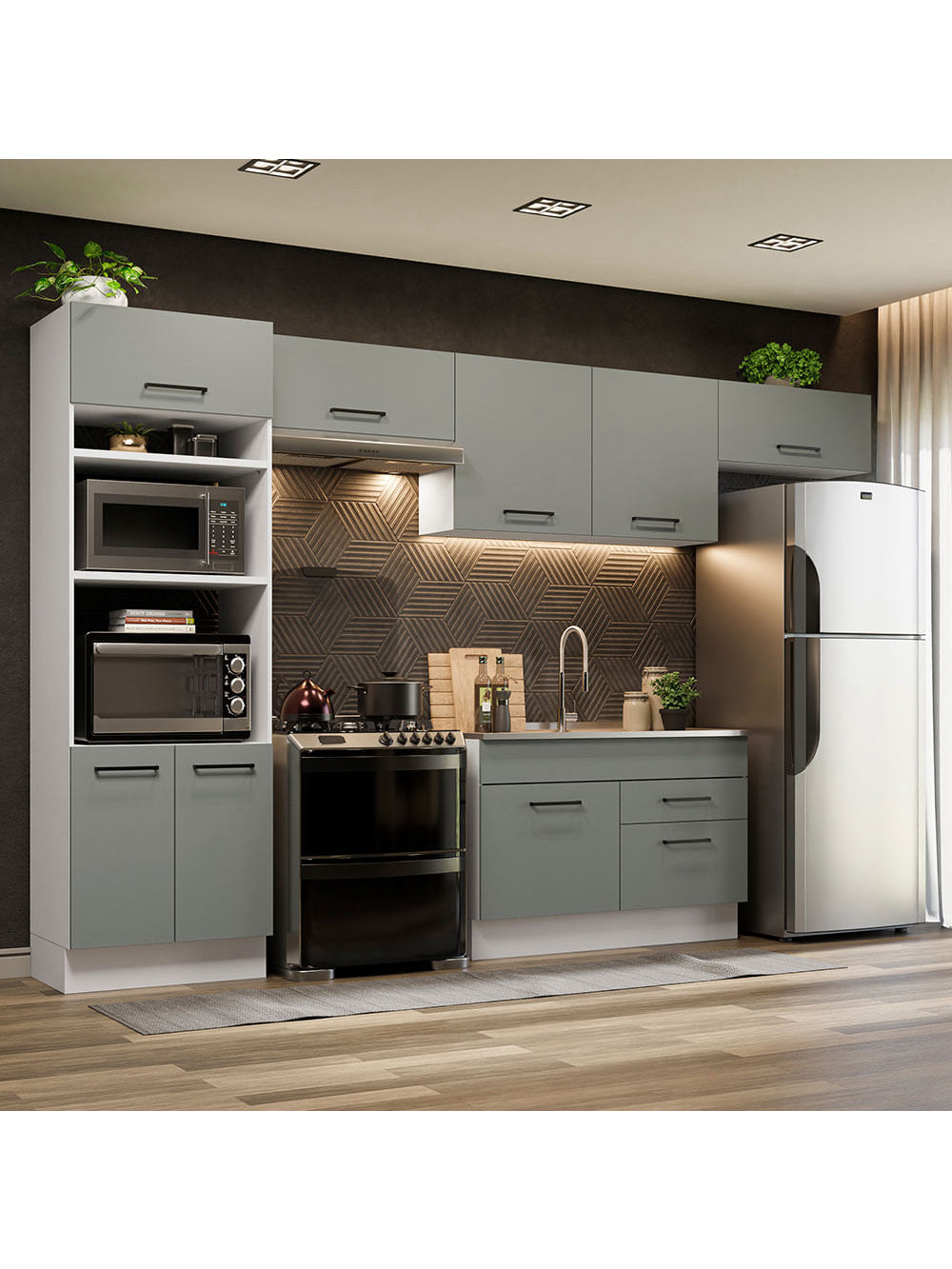 Armário de Cozinha Completa 350cm Branco/Cinza Agata Madesa 01 - Branco/Cinza