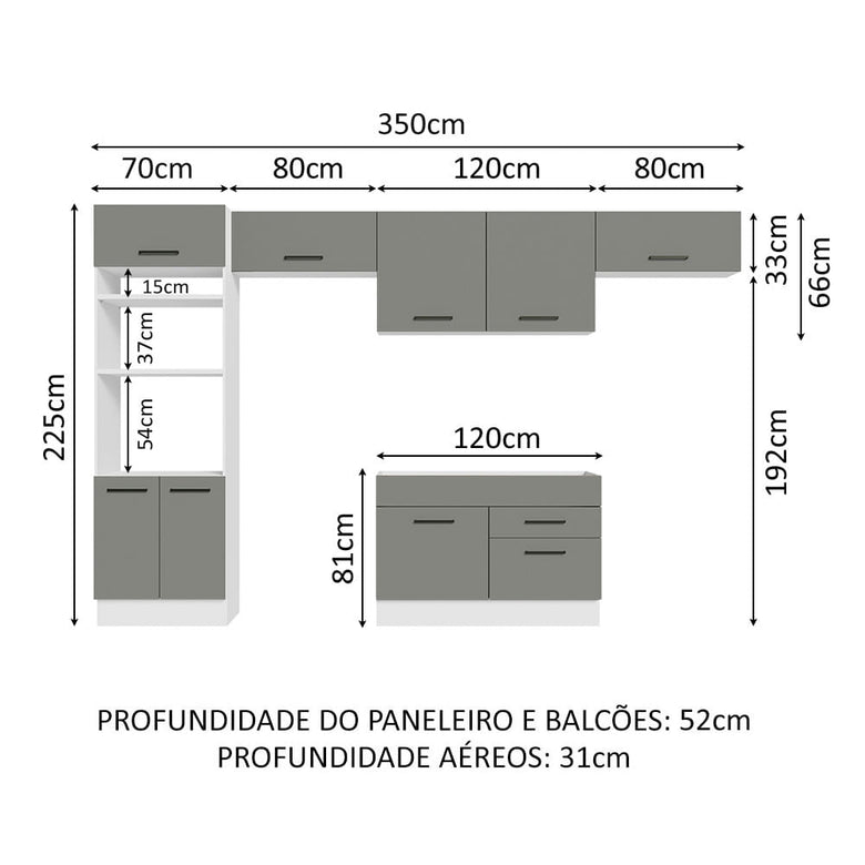 Armário de Cozinha Completa 350cm Branco/Cinza Agata Madesa 01