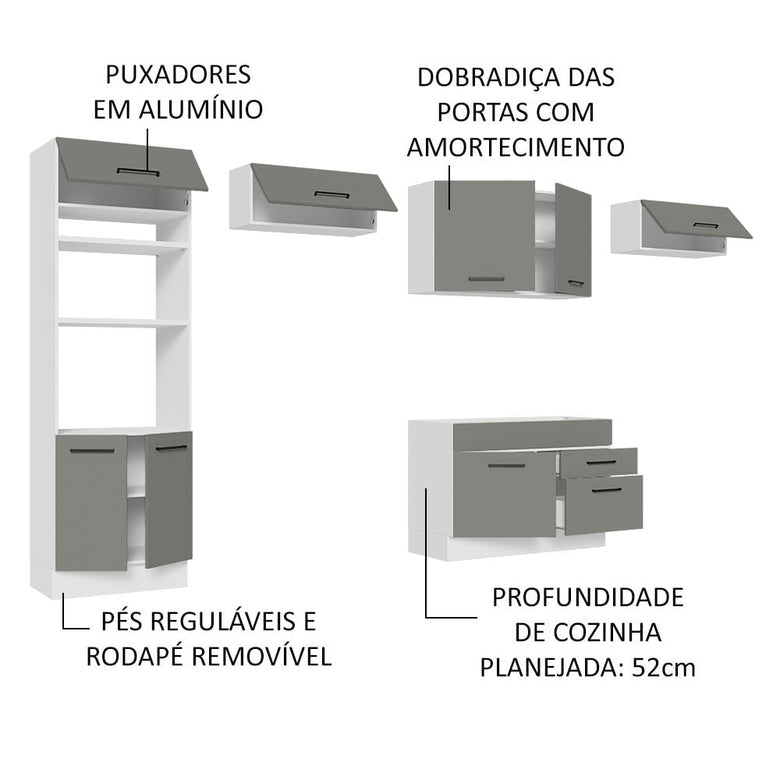 Armário de Cozinha Completa 350cm Branco/Cinza Agata Madesa 01