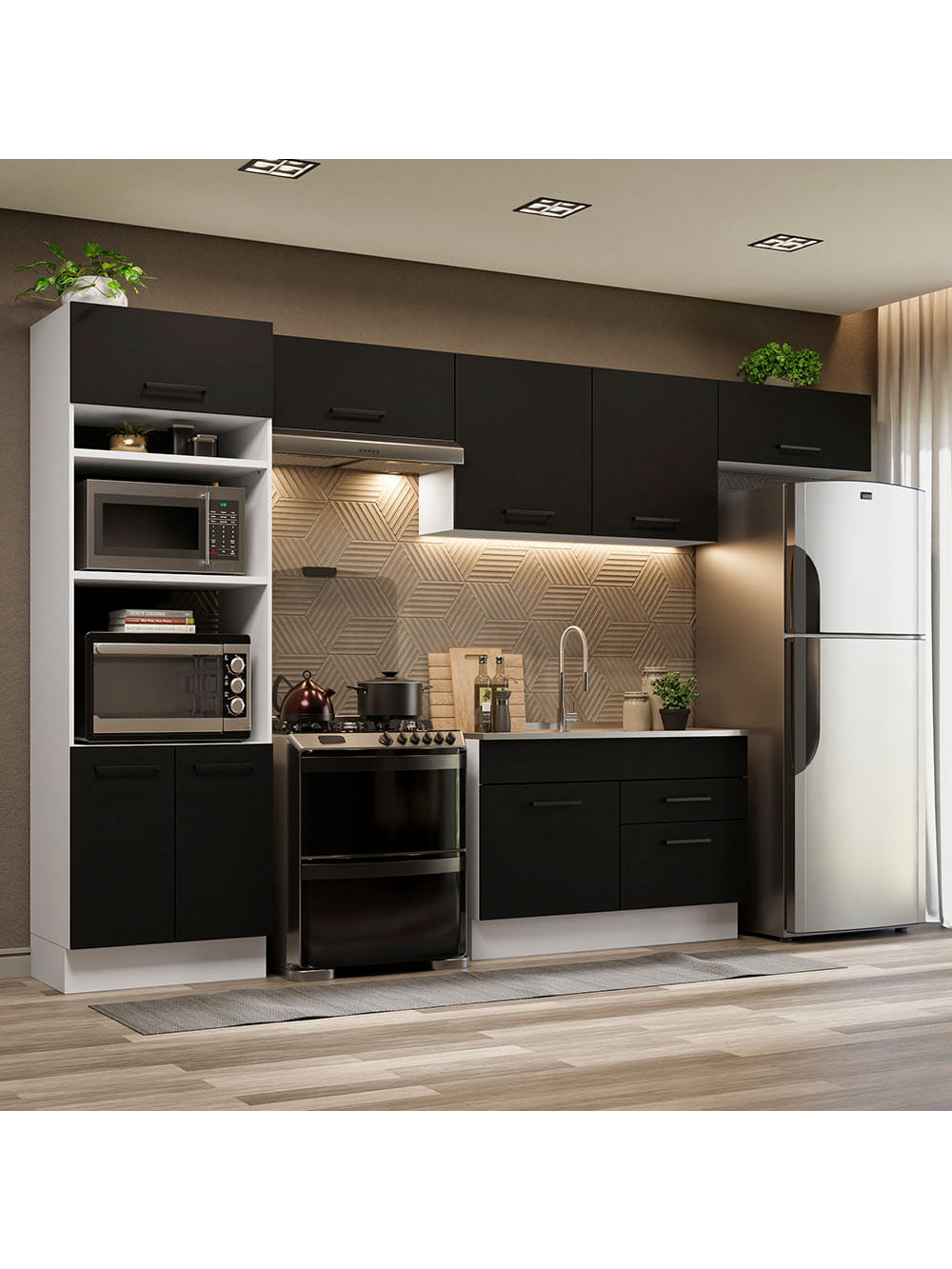 Armário de Cozinha Completa 350cm Branco/Preto Agata Madesa 01 - Branco/Preto