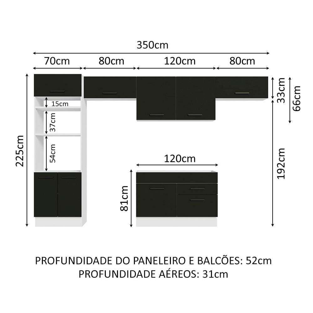 Armário de Cozinha Completa 350cm Branco/Preto Agata Madesa 01