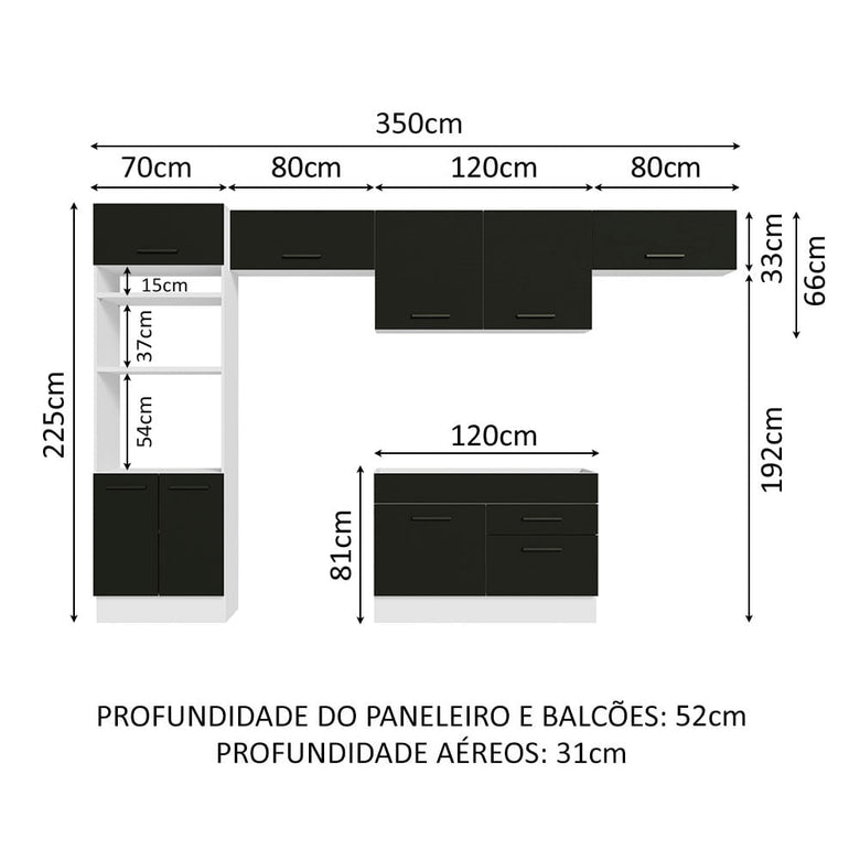 Armário de Cozinha Completa 350cm Branco/Preto Agata Madesa 01