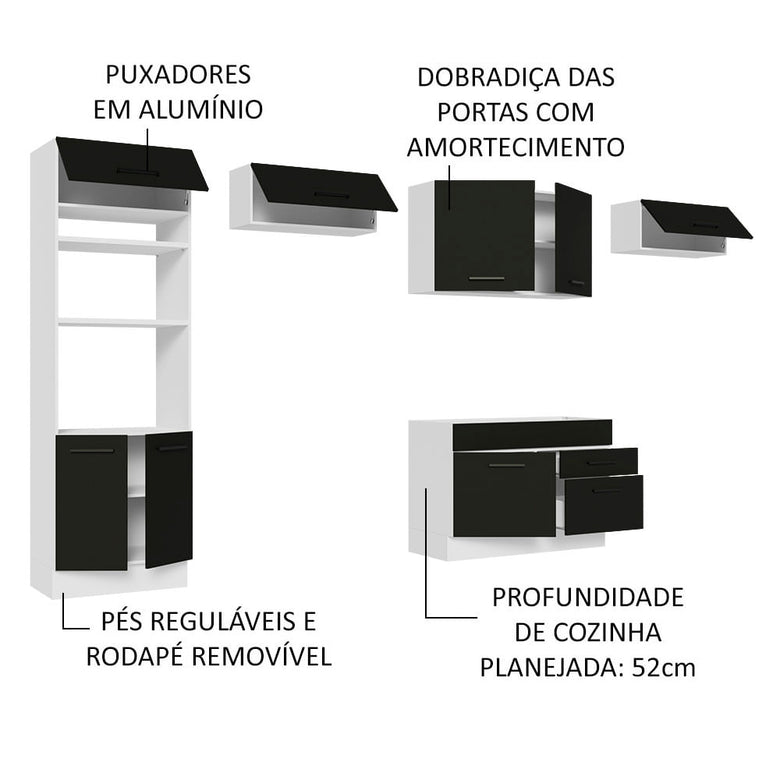Armário de Cozinha Completa 350cm Branco/Preto Agata Madesa 01