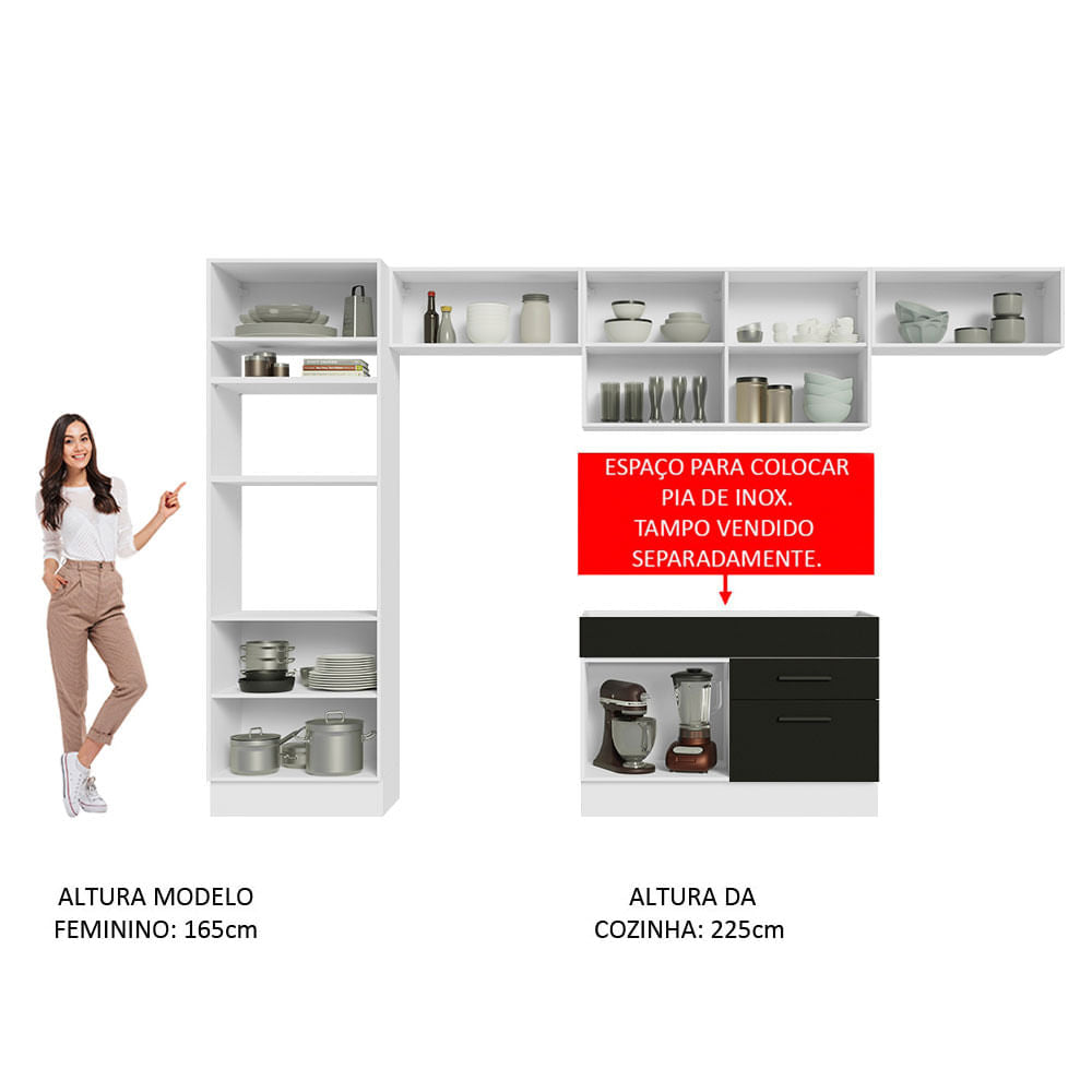Armário de Cozinha Completa 350cm Branco/Preto Agata Madesa 01