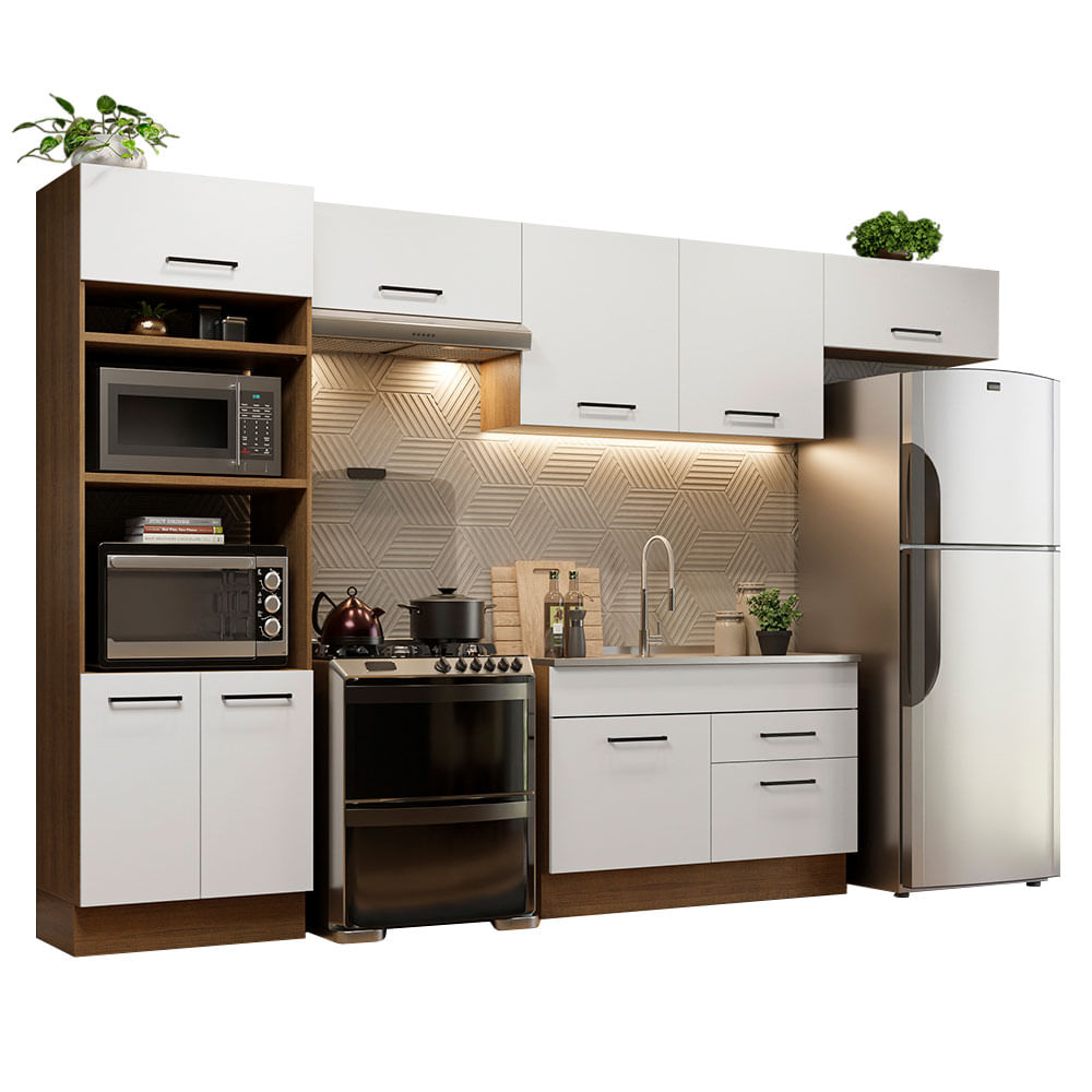 Armário de Cozinha Completa 350cm Rustic/Branco Agata Madesa 01 - Rustic/Branco