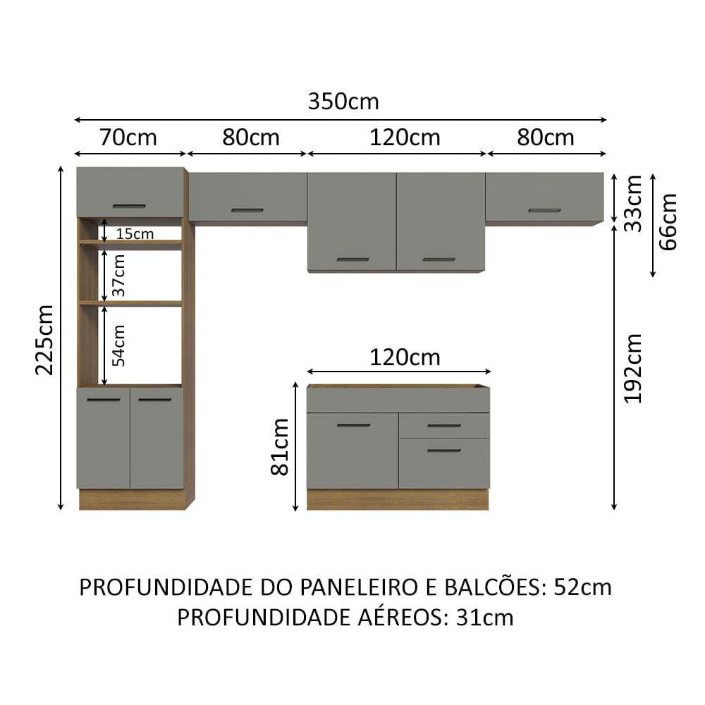 Armário de Cozinha Completa 350cm Rustic/Cinza Agata Madesa 01