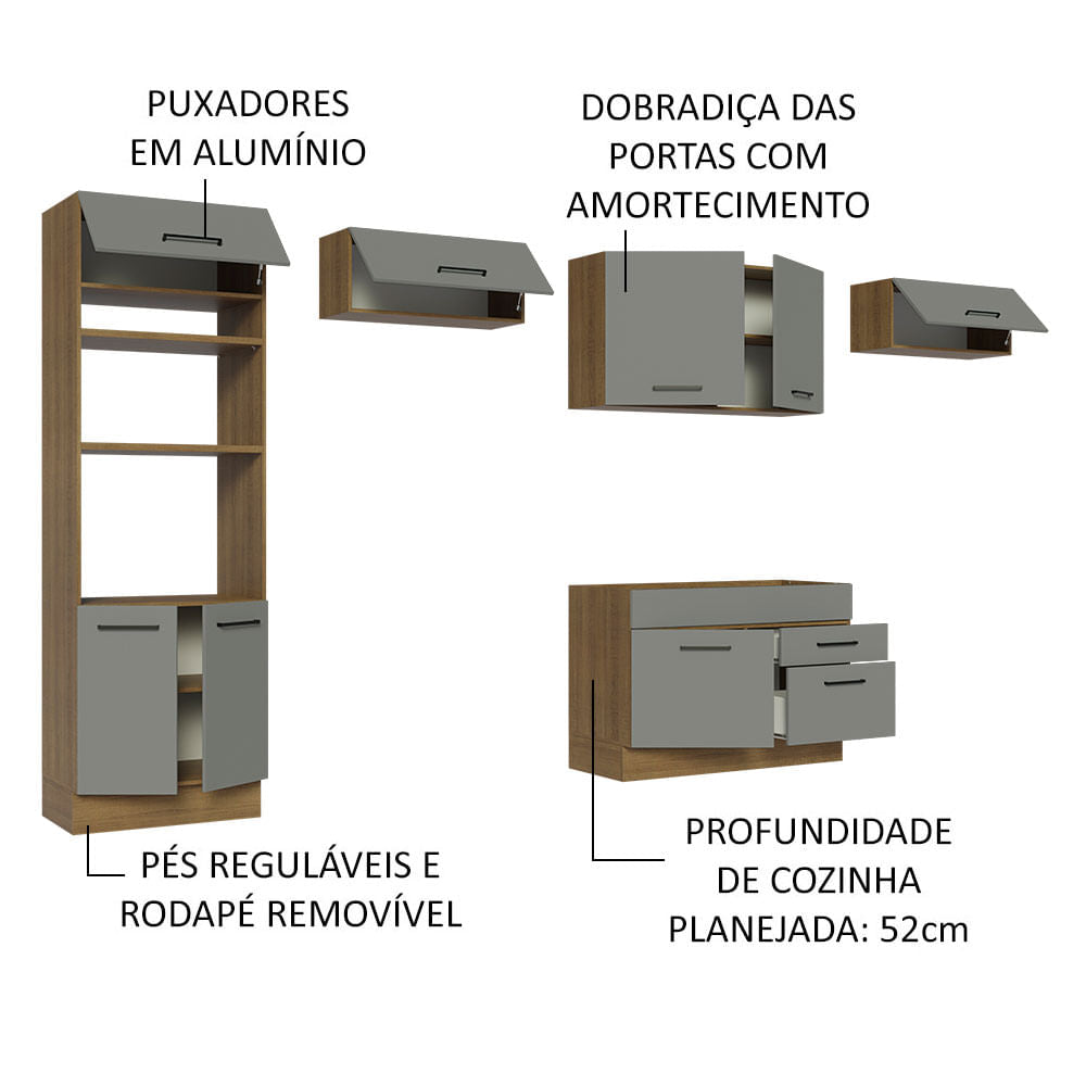 Armário de Cozinha Completa 350cm Rustic/Cinza Agata Madesa 01