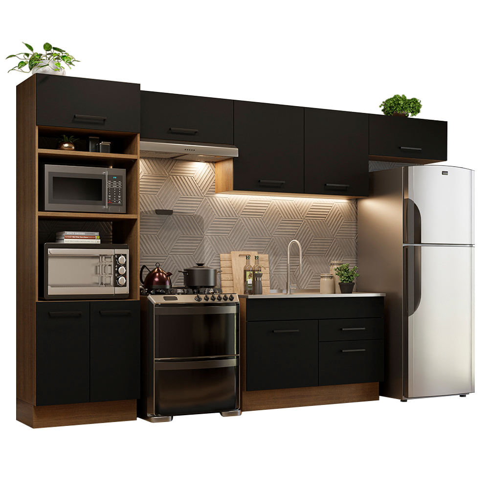 Armário de Cozinha Completa 350cm Rustic/Preto Agata Madesa 01 - Rustic/Preto
