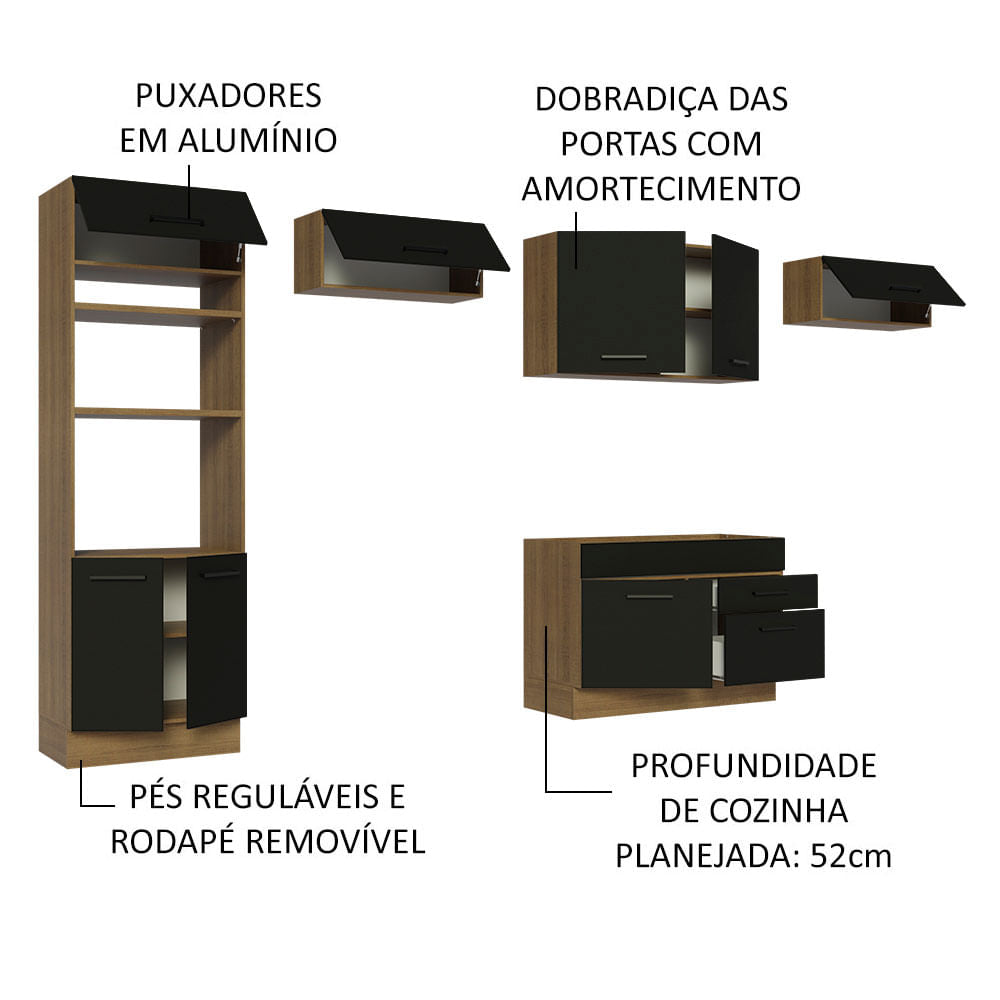 Armário de Cozinha Completa 350cm Rustic/Preto Agata Madesa 01