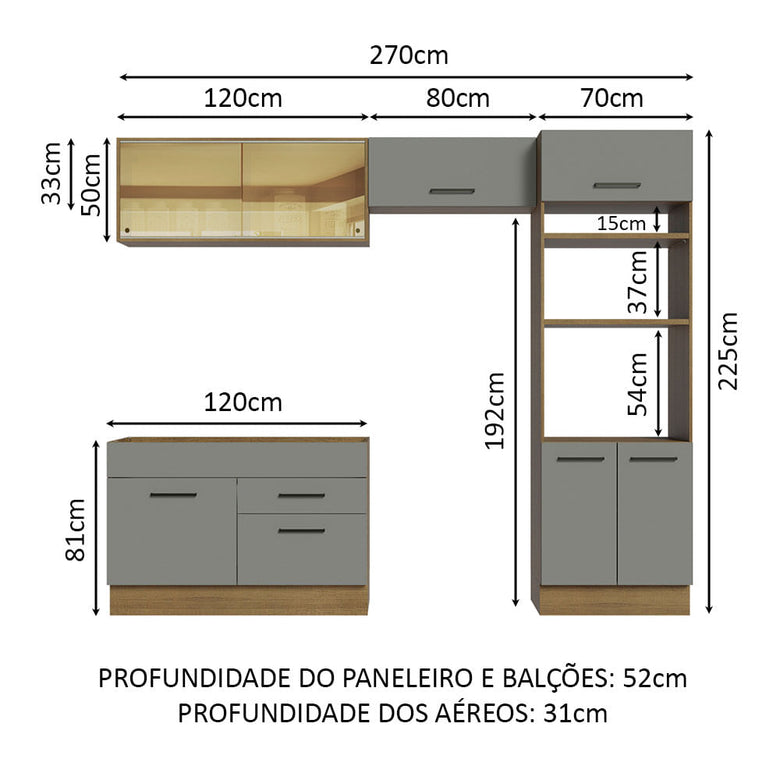 Armário de Cozinha Completa 270cm Rustic/Cinza Agata Madesa 05