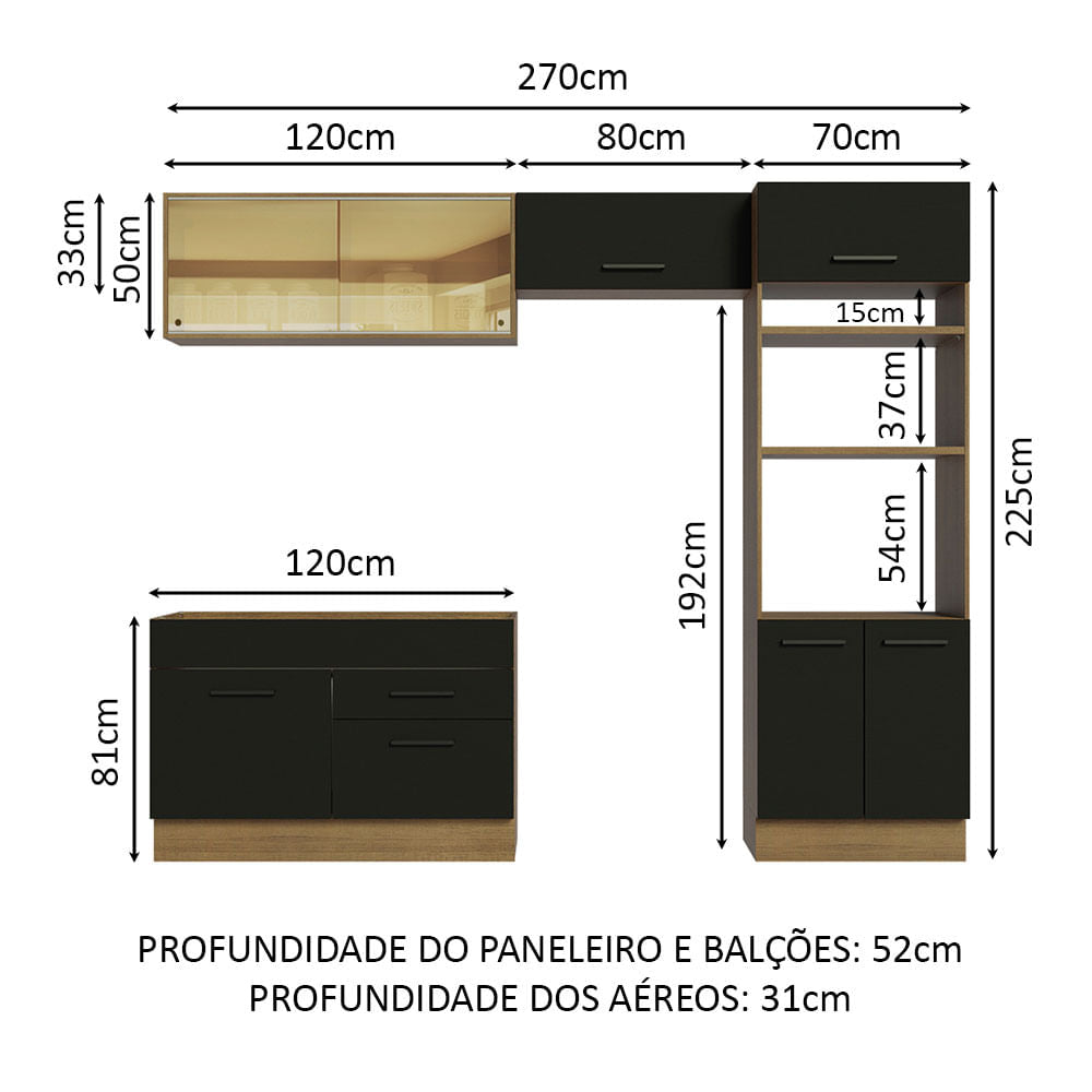 Armário de Cozinha Completa 270cm Rustic/Preto Agata Madesa 05