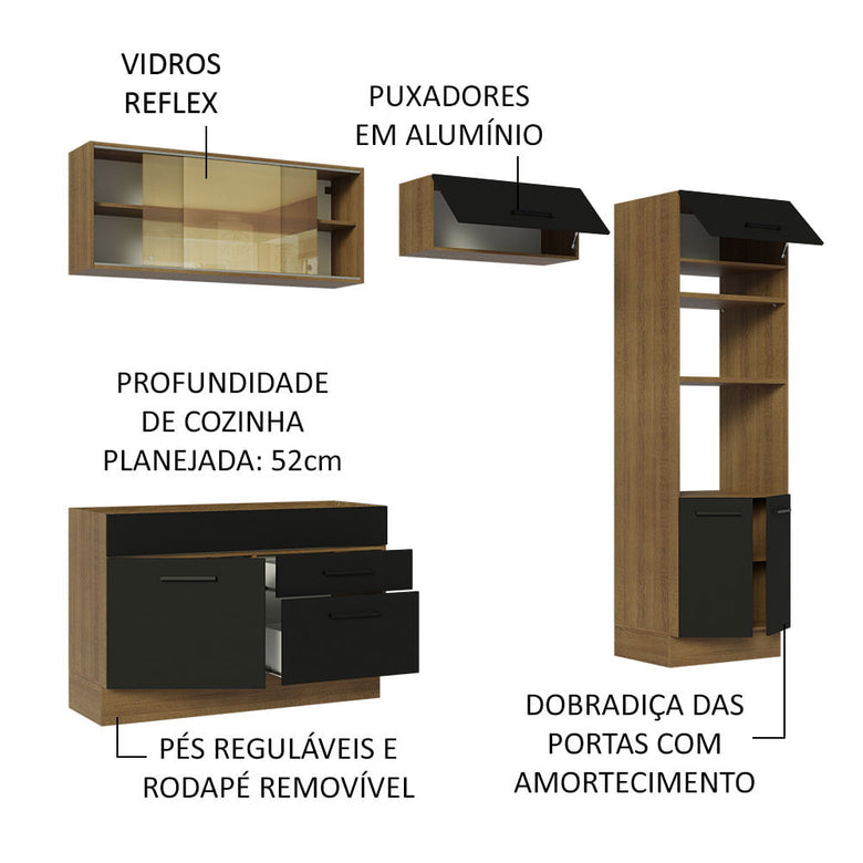 Armário de Cozinha Completa 270cm Rustic/Preto Agata Madesa 05
