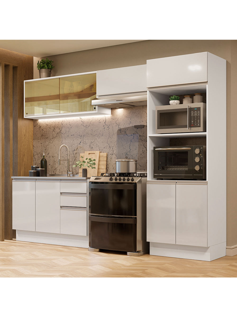 Armário de Cozinha Completa 100% MDF 270cm Frentes Branco Brilho Acordes Madesa 08 - Branco