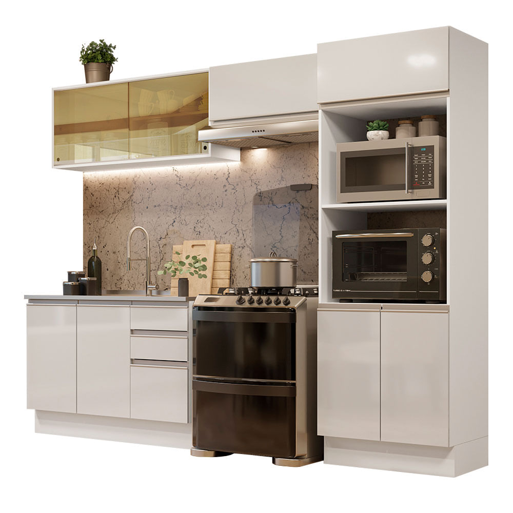 Armário de Cozinha Completa 100% MDF 270cm Frentes Branco Brilho Acordes Madesa 08 - Branco