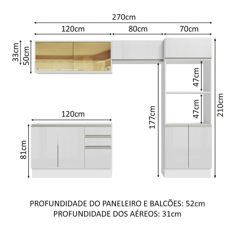 Armário de Cozinha Completa 100% MDF 270cm Frentes Branco Brilho Acordes Madesa 08