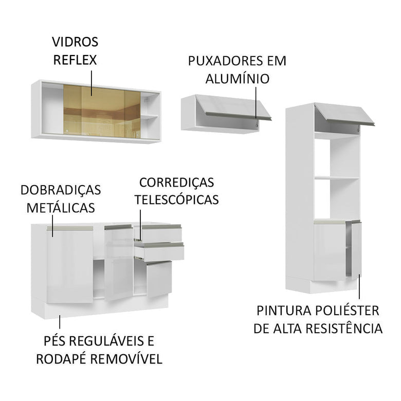Armário de Cozinha Completa 100% MDF 270cm Frentes Branco Brilho Acordes Madesa 08