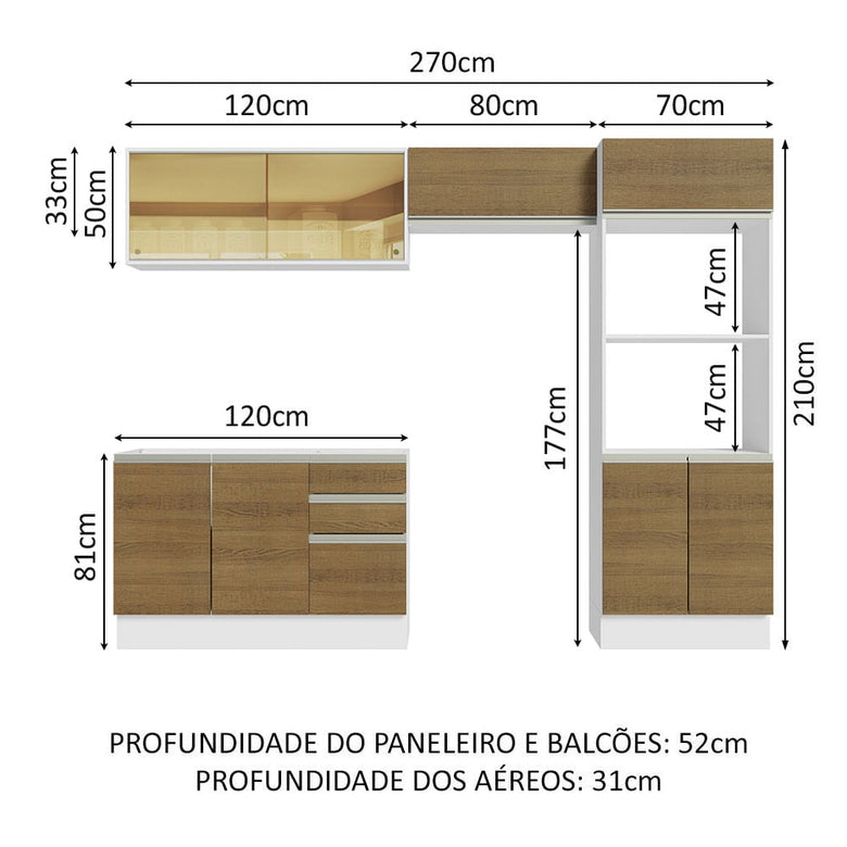 Armário de Cozinha Completa 100% MDF 270cm Branco/Rustic Acordes Madesa 08