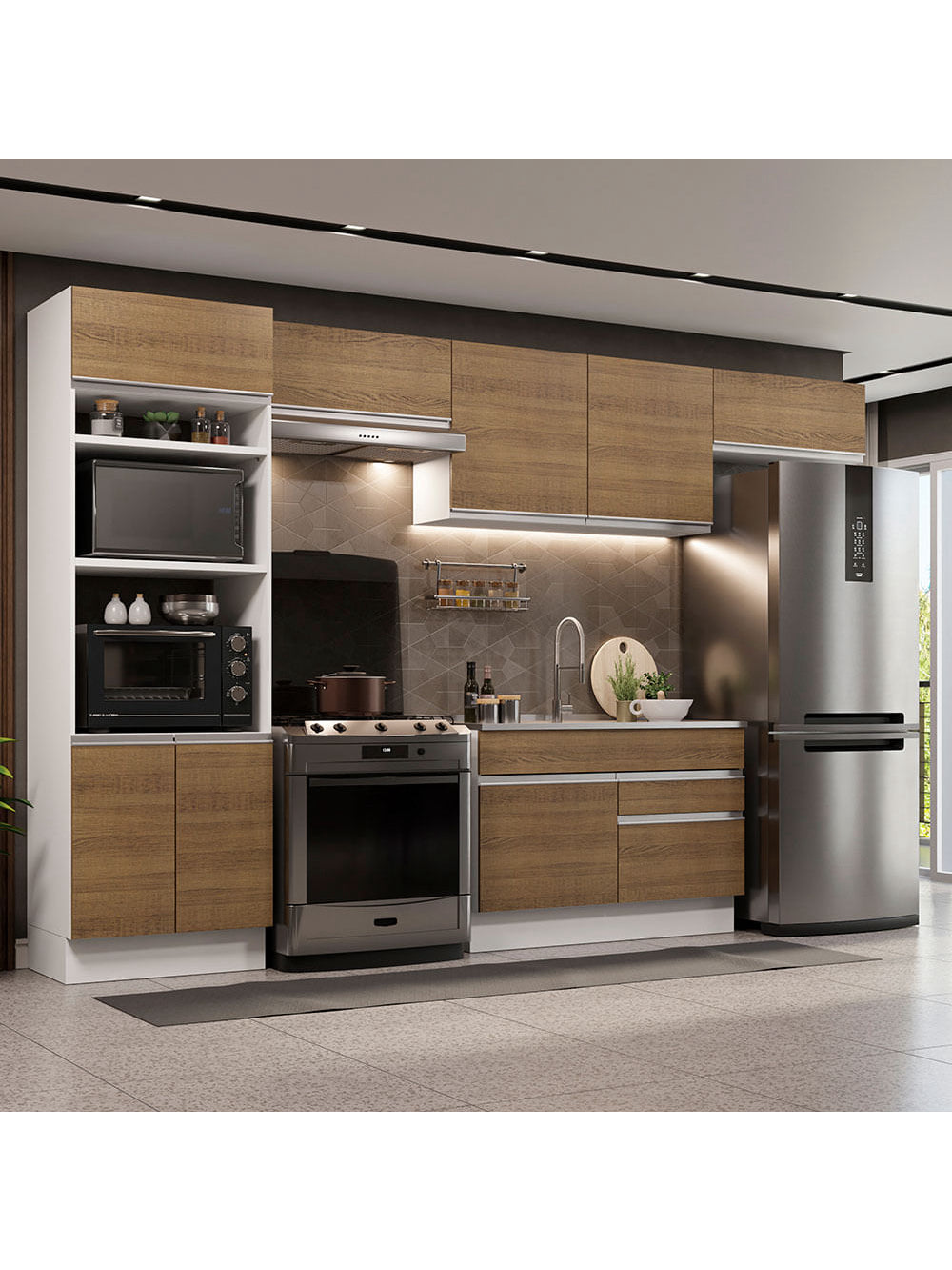 Armário de Cozinha Completa 350cm Branco/Rustic Glamy Madesa 01 - Branco/Rustic