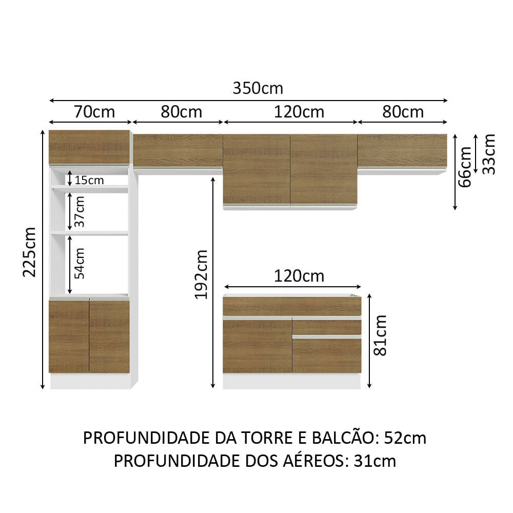 Armário de Cozinha Completa 350cm Branco/Rustic Glamy Madesa 01