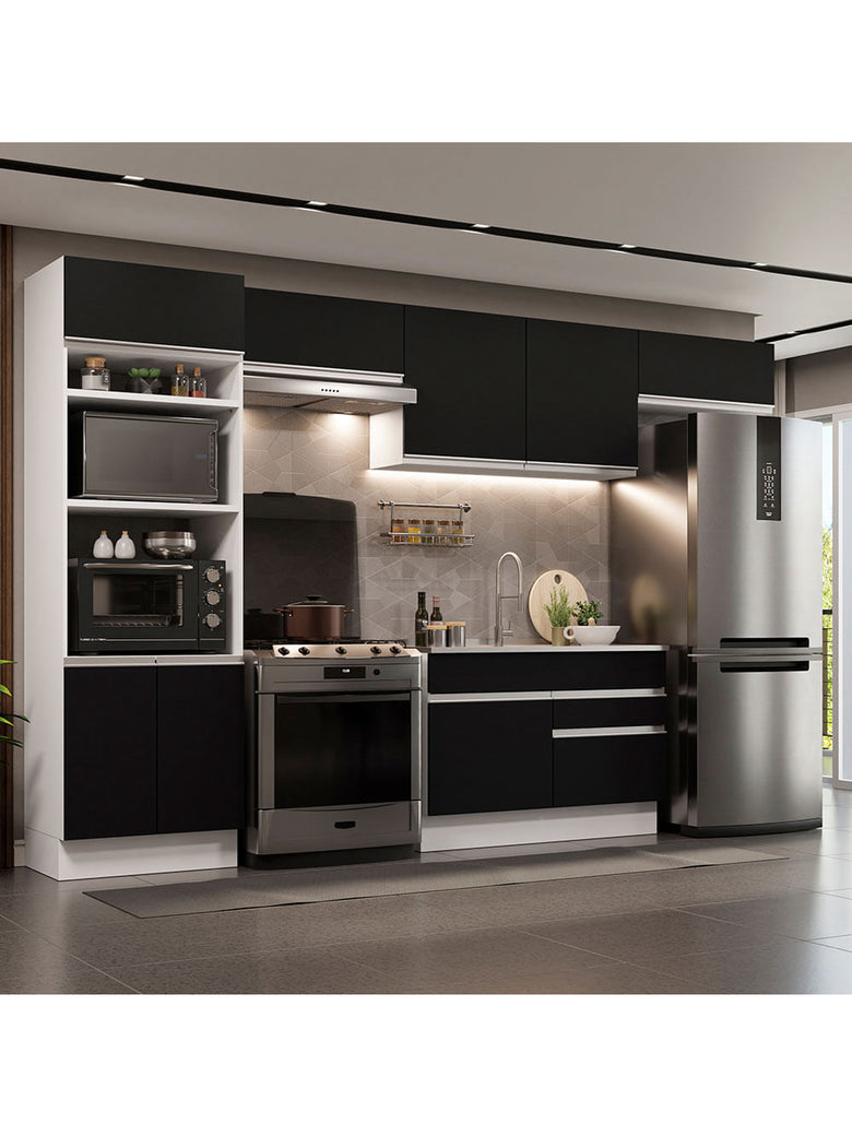 Armário de Cozinha Completa 350cm Branco/Preto Glamy Madesa 01