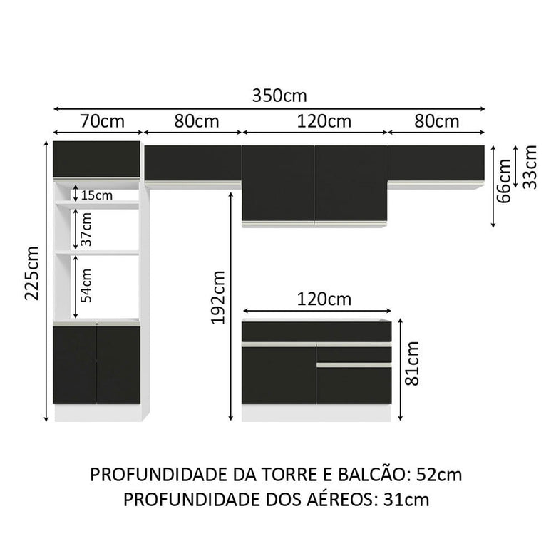 Armário de Cozinha Completa 350cm Branco/Preto Glamy Madesa 01