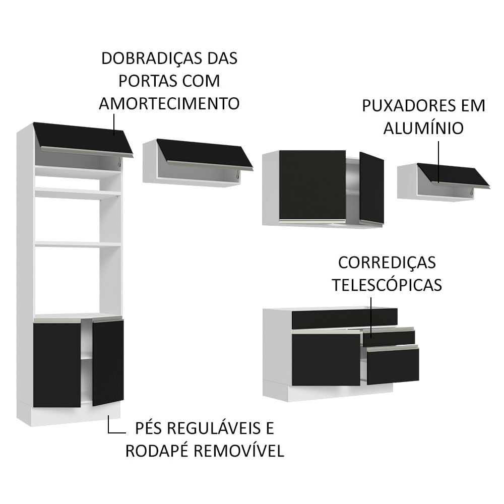 Armário de Cozinha Completa 350cm Branco/Preto Glamy Madesa 01