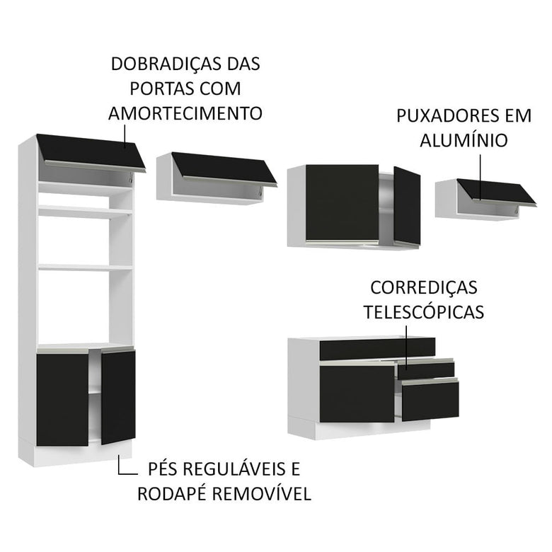 Armário de Cozinha Completa 350cm Branco/Preto Glamy Madesa 01
