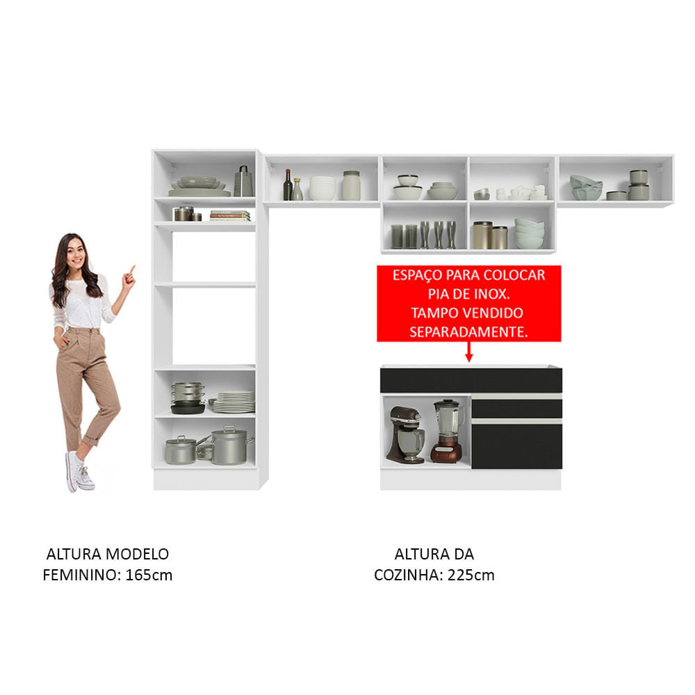 Armário de Cozinha Completa 350cm Branco/Preto Glamy Madesa 01