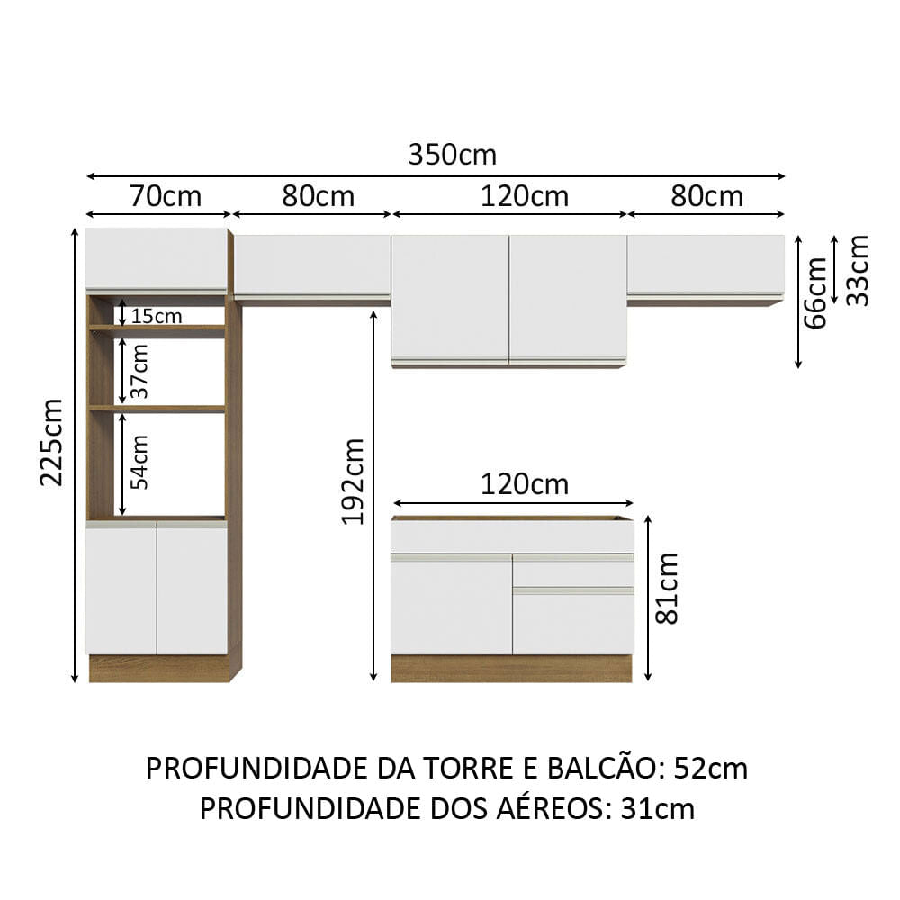 Armário de Cozinha Completa 350cm Rustic/Branco Glamy Madesa 01