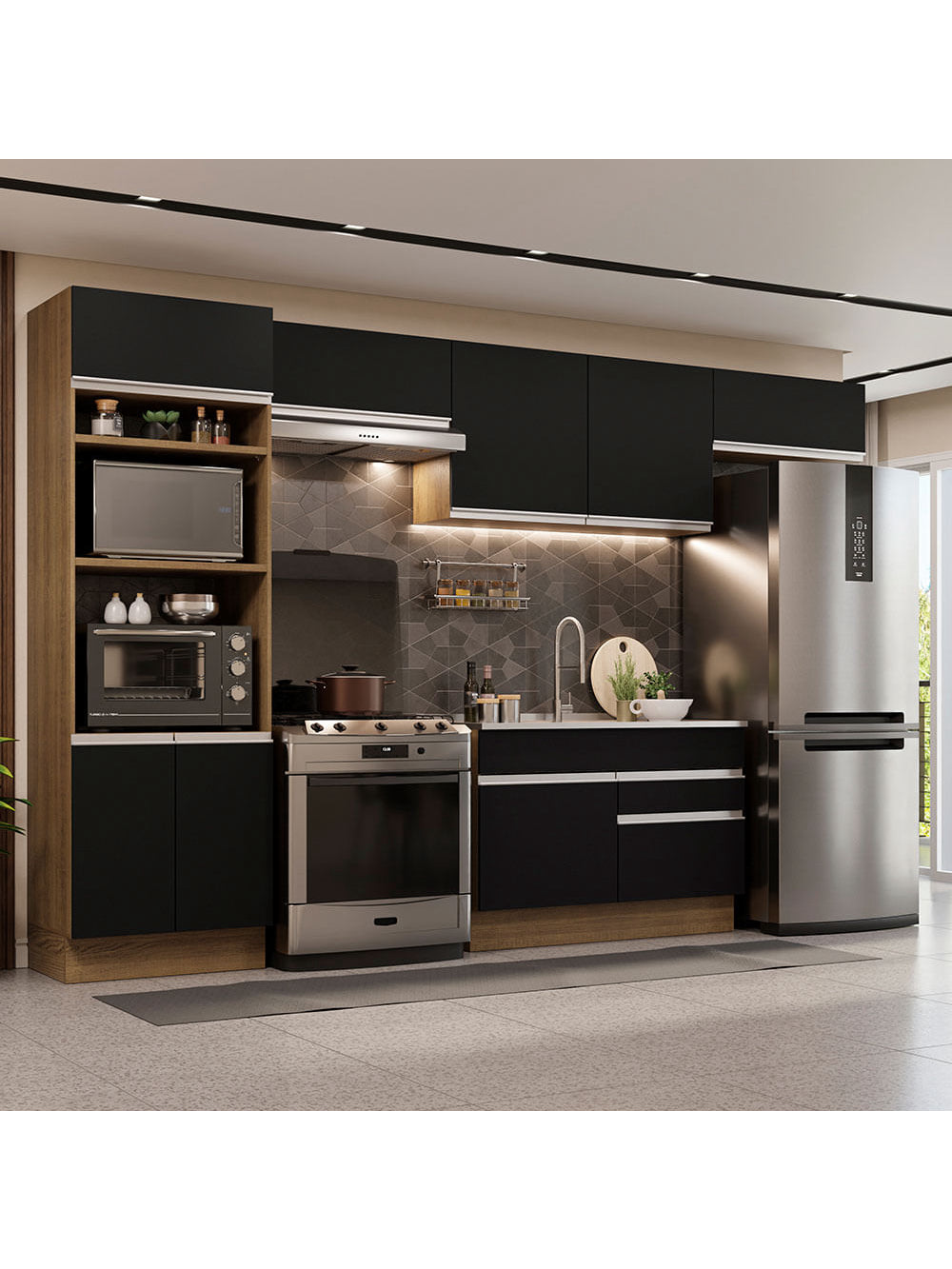 Armário de Cozinha Completa 350cm Rustic/Preto Glamy Madesa 01 - Rustic/Preto