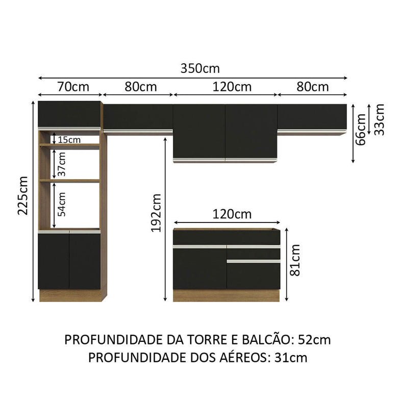 Armário de Cozinha Completa 350cm Rustic/Preto Glamy Madesa 01