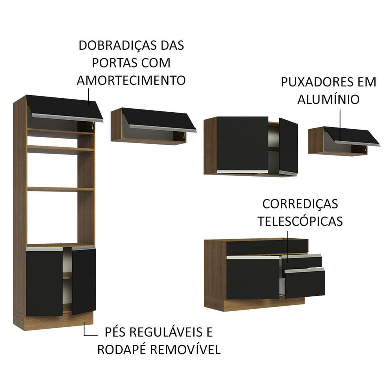 Armário de Cozinha Completa 350cm Rustic/Preto Glamy Madesa 01