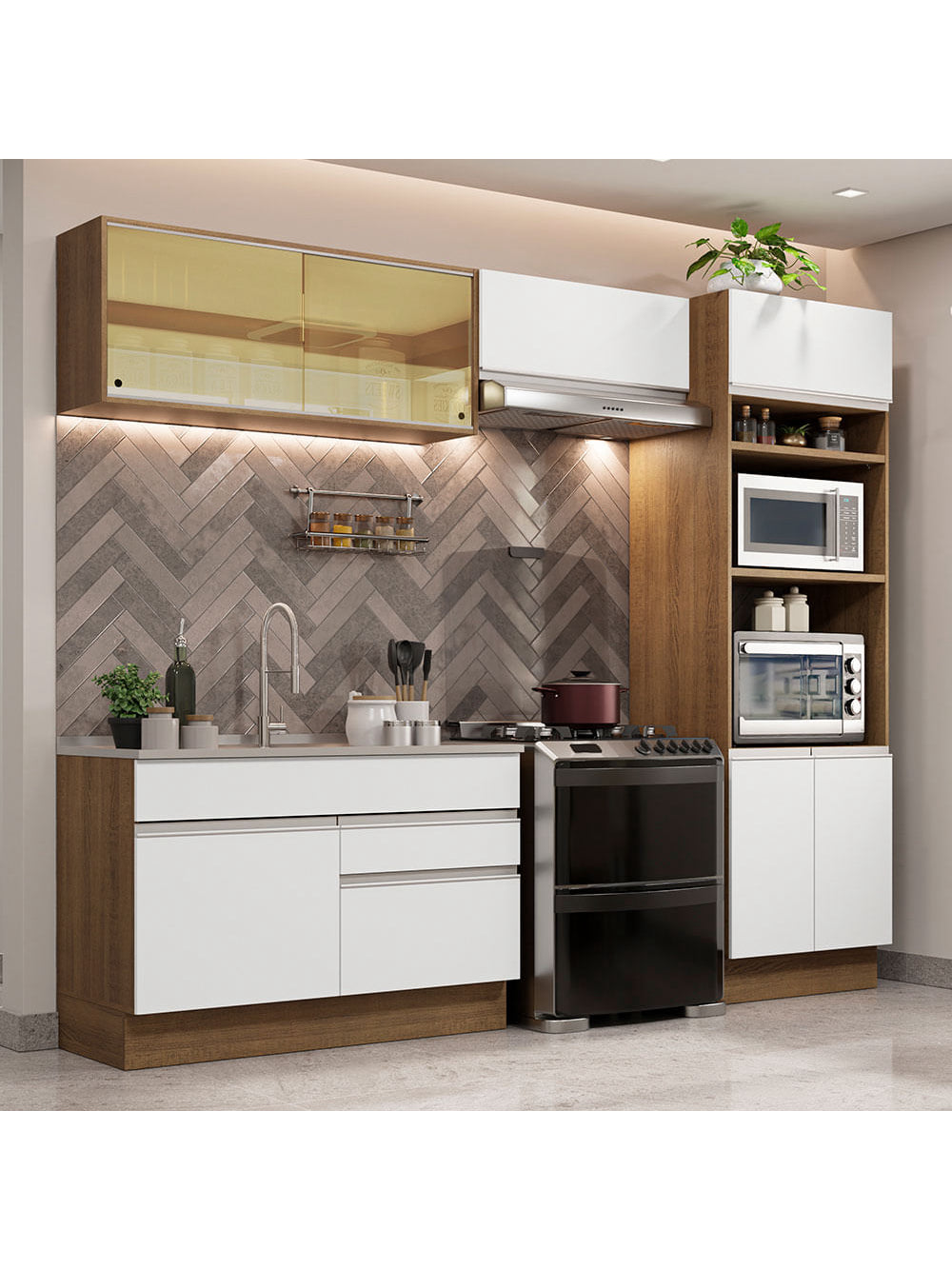 Armário de Cozinha Completa 270cm Rustic/Branco Glamy Madesa 12 - Rustic/Branco