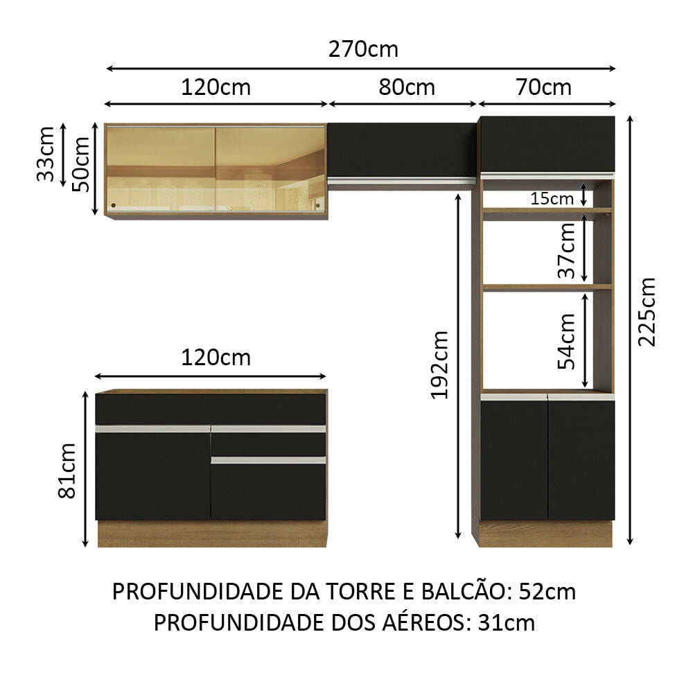 Armário de Cozinha Completa 270cm Rustic/Preto Glamy Madesa 12