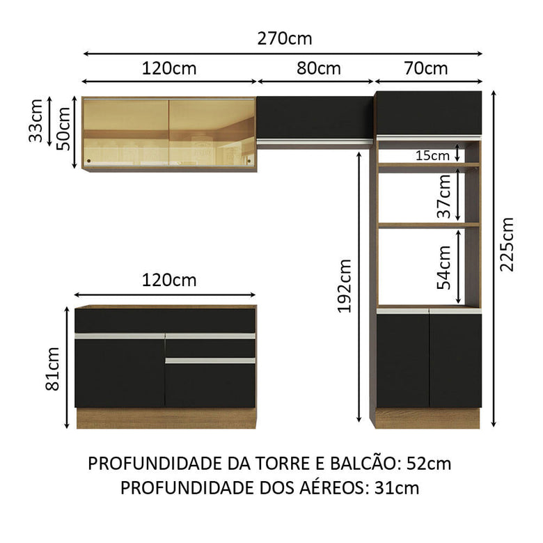 Armário de Cozinha Completa 270cm Rustic/Preto Glamy Madesa 12