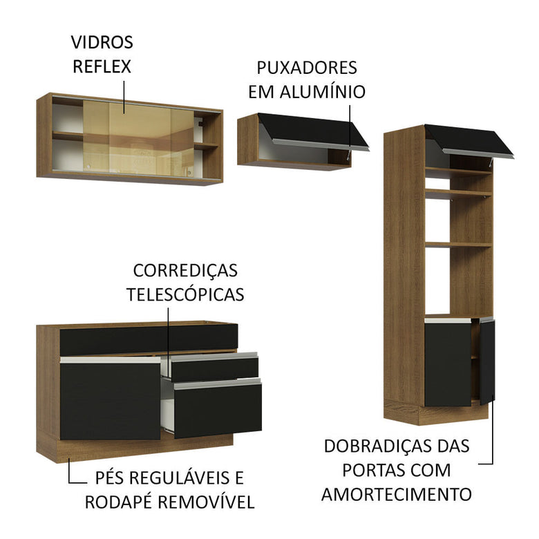 Armário de Cozinha Completa 270cm Rustic/Preto Glamy Madesa 12
