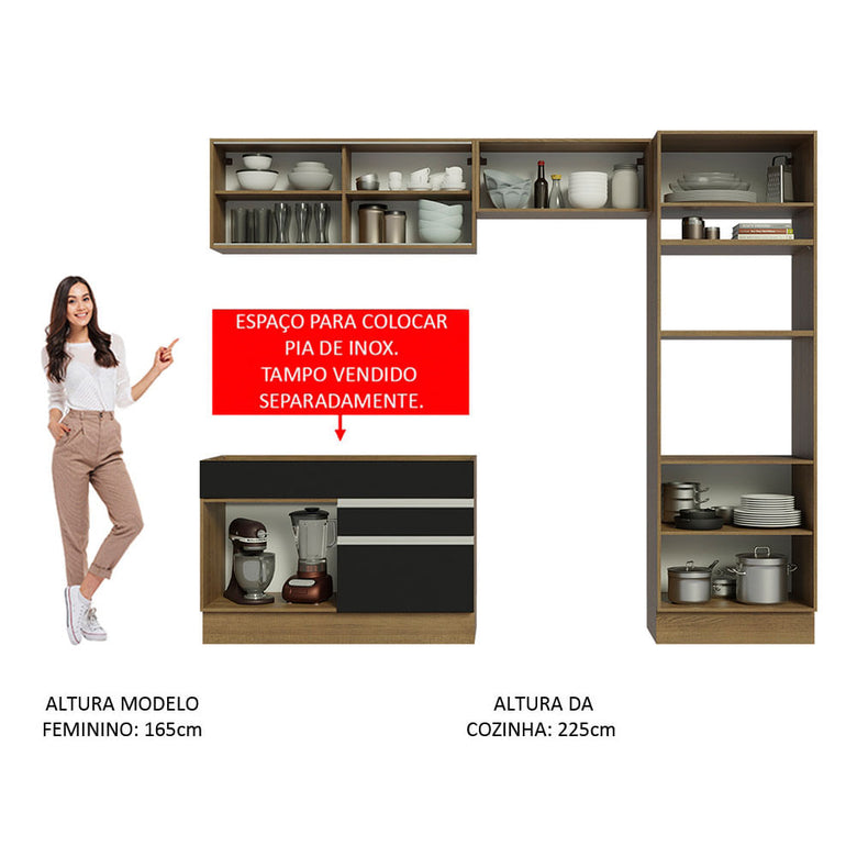 Armário de Cozinha Completa 270cm Rustic/Preto Glamy Madesa 12